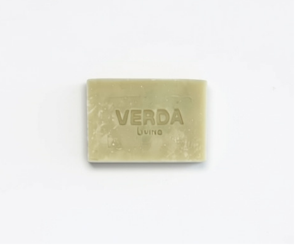 A rectangular bar of VERDA Living soap in a pale green color, centered on a plain white background.